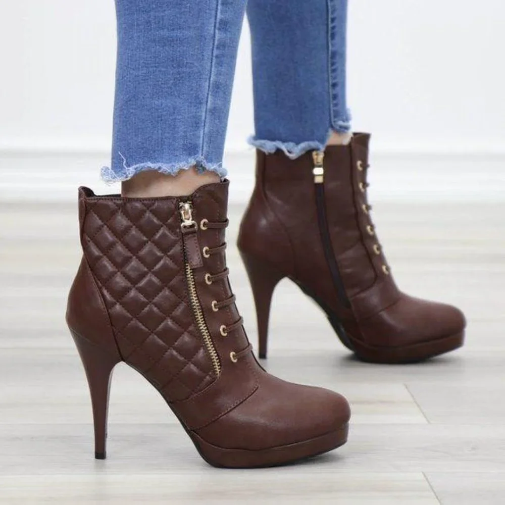 Brown Platform High Heel Ankle Boots - Picture 9 of 14